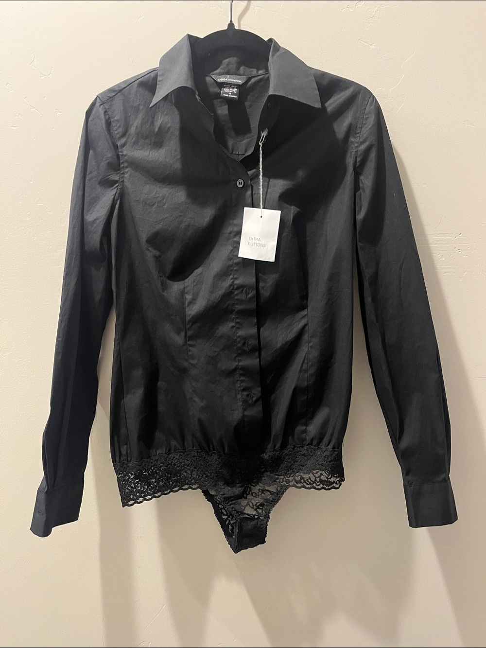 Moda International Black Lace-Trim Button Front Bodysuit Shirt